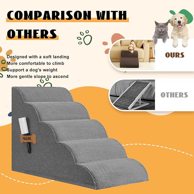 High Density Foam Dog Stairs Ramp for Beds Couches, Romrol Pet Steps with Durable Non-Slip Waterproof Fabric Cover, Dog Slope Stairs Friendly to Small Dogs and Cats or Pets Joints, 5-Tiers, Grey