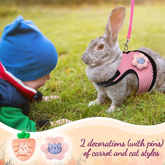 Rabbit Harness and Leash Set with 2 Cute Decorations Soft Adjustable Buckle Breathable Mesh Vest Harness for Rabbits Ferret Small Pig Puppy Walking Supplies (Pink,Cute Pattern)