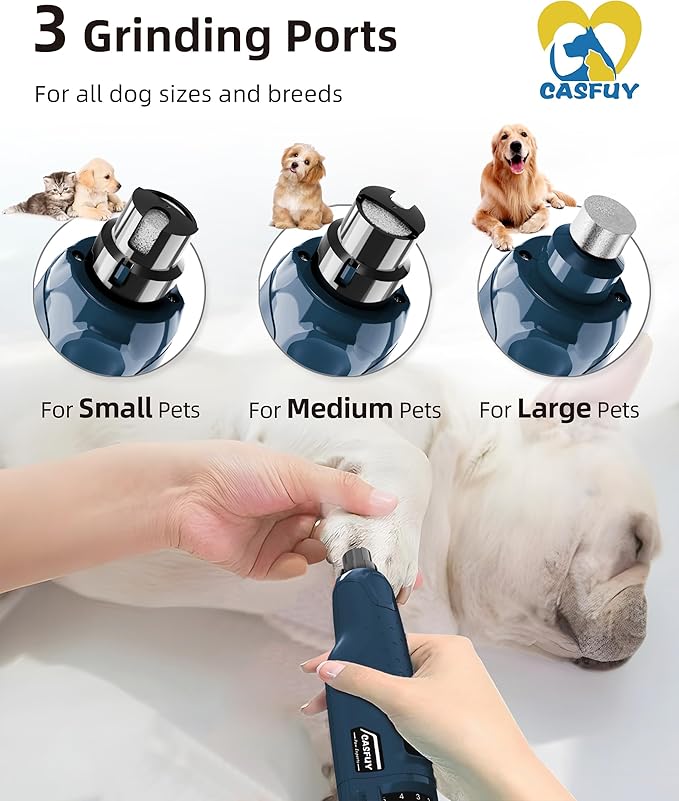 Casfuy Dog Nail Grinder Quiet - (45db) 6-Speed Pet Nail Grinder with 2 LED Lights for Large Medium Small Puppy Dogs/Cats, Professional 3 Ports Rechargeable Electric Dog Nail Trimmer with Dust Cap