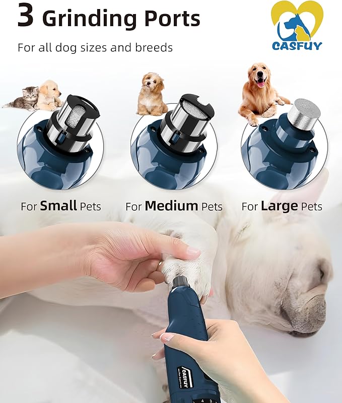 Casfuy Dog Nail Grinder Quiet - (45db) 6-Speed Pet Nail Grinder with 2 LED Lights for Large Medium Small Puppy Dogs/Cats, Professional 3 Ports Rechargeable Electric Dog Nail Trimmer with Dust Cap