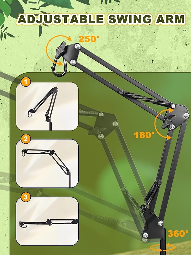 Reptile Lamp Stand, Heat Lamp Stand (15.7 to 74.3 inch) with Adjustable 360° Swing Arm for Terrarium, Reptile Heat Lamp Stand for Bearded Dragons, Turtles, and Chameleons (Black)