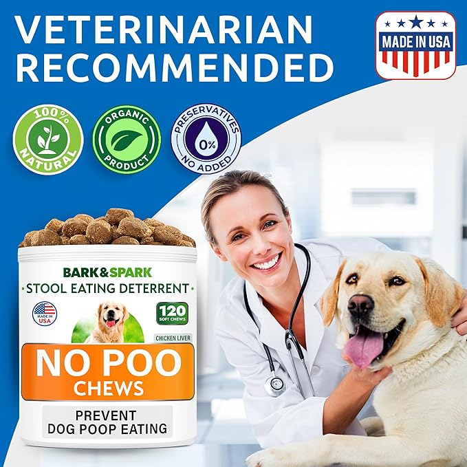 Bark&Spark NO Poo Treats - Prevent Dog Poop Eating - Coprophagia Treatment - Stool Eating Deterrent - Probiotics & Enzymes - Digestive Health + Breath Aid - 120 Soft Chews - USA Made - Chicken Liver