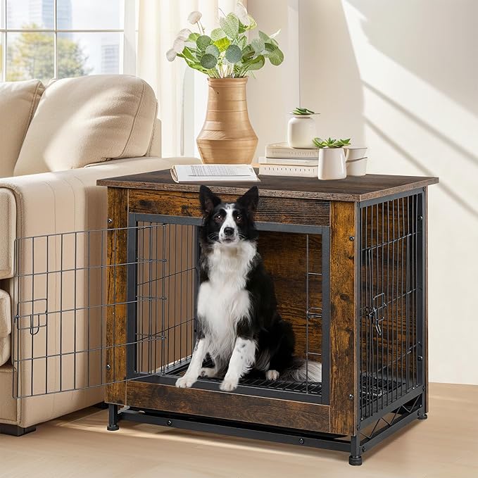 Shintenchi Wooden Dog Crate Furniture for Large Dog, L Double-Door Kennel Indoor with Removable Tray, End Table L Dog Crate for Decoration, 38" L*25" W*26" H, Vintage Brown