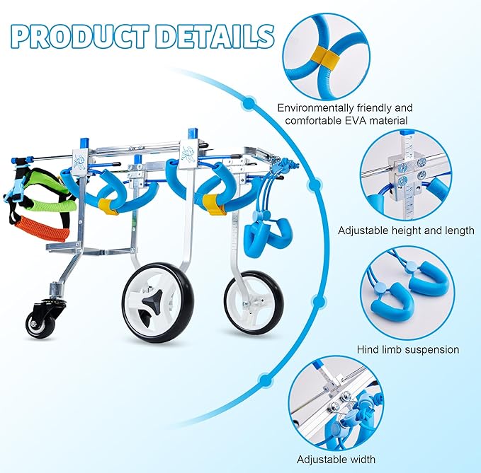 Adjustable 4-Wheel Dog Wheelchair| Pet Wheelchairs with Disabled Hind Legs Walking|Full Support Dog wheelchairs (7-Size) (XS)