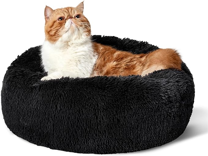 Bedsure Calming Cat Beds for Indoor Cats - Small Cat Bed Washable 20 inches, Anti-Slip Round Fluffy Plush Faux Fur Pet Bed, Fits up to 15 lbs Pets, Black