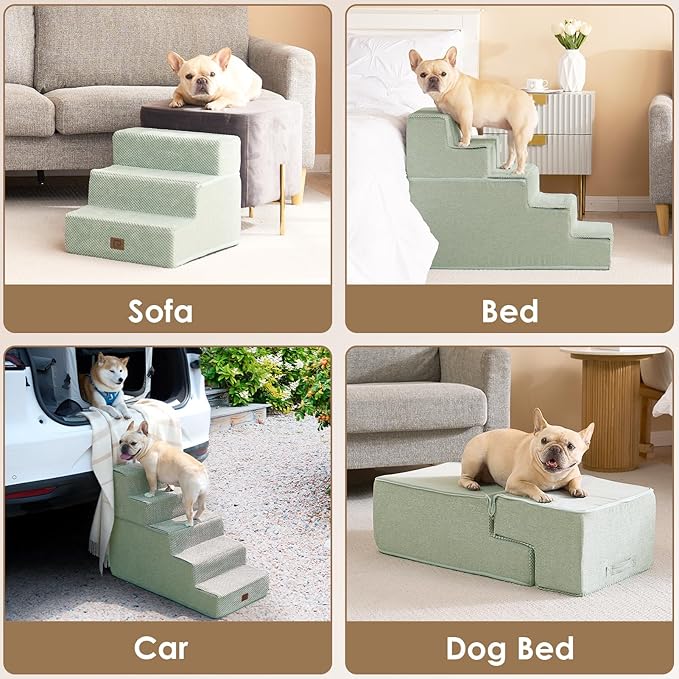 EHEYCIGA Dog Stairs for Small Dogs 13.5" H, 3-Step Dog Steps for Couch Sofa and Chair, Pet Steps for Small Dogs and Cats, Non-Slip Balanced Dog Indoor Ramp, Green