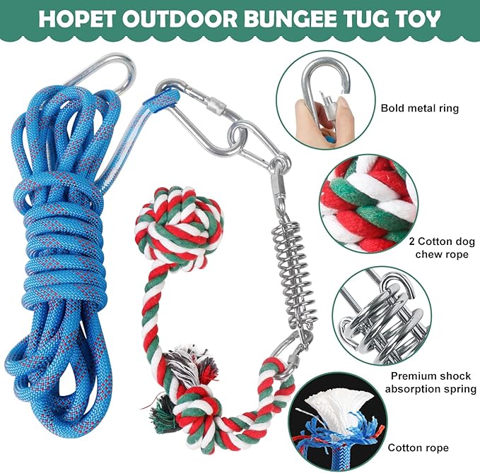 HOPET Dog Outdoor Bungee Solo Hanging Toy, Tether Tug of War Dog Toys for Pitbull Small Large Aggressive Chewers Dogs to Exercise, Durable Interactive Dog Tug Toy with Metal Spring Kit, Dog Rope Toys