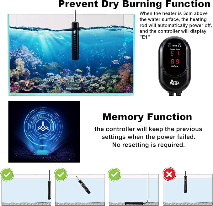 AQQA Submersible Aquarium Heater,100W/200W/300W/500W/800W/1000W/1200W Fish Tank Heater,External Temperature Controller LED Temperature Display,Suitable for Saltwater and Freshwater(100W)