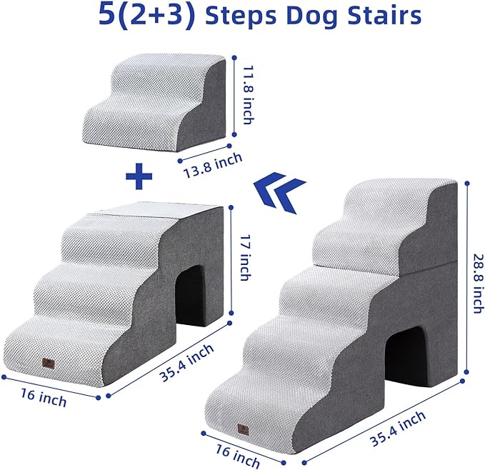 Dog Stairs Ramp for High Beds and Couch,Curved Dog Steps for Small Dogs and Cats Pet Stairs Non-Slip Balanced Portable Pet Step Indoor, 5 Steps,Grey