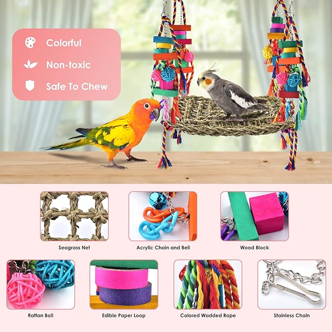 KATUMO Bird Toys, Bird Foraging Wall Toy Large Size Seagrass Woven Climbing Hammock Swing Mat with Colorful Chewing Toys for Lovebird, Parakeet, Budgie, Conure, Cockatiel, Small Birds