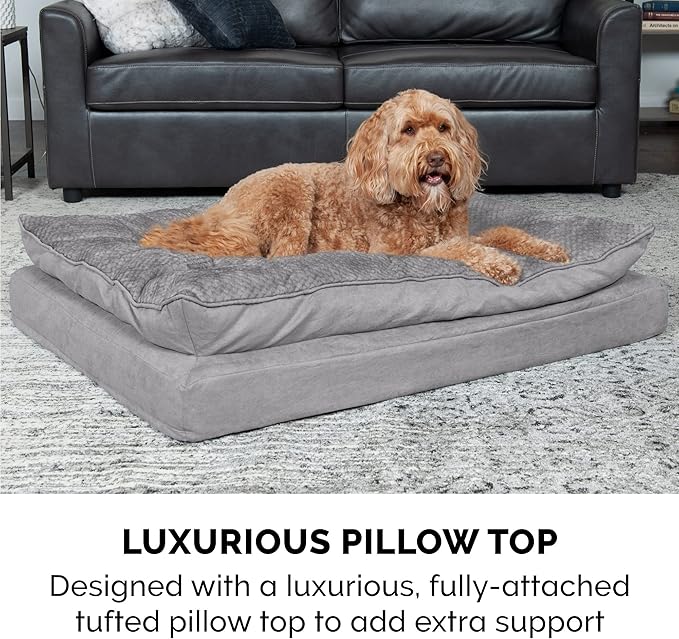 Furhaven Orthopedic Dog Bed for Large/Medium Dogs w/ Pillow Cushion Top & Removable Washable Cover, For Dogs Up to 55 lbs - Minky Plush & Suede Pillow Top Mattress - Titanium Gray, Large