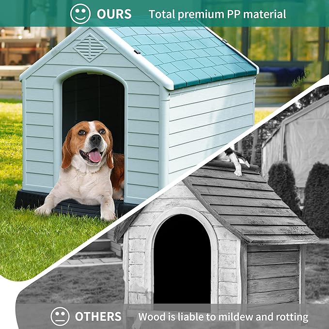 DWVO Large Outdoor Dog House, Plastic Doghouse with Air Vents and Ground Nails, Insulated Water Resistant Puppy Shelter for Small Medium Dogs (41''L x 38''W x 39''H, Green)