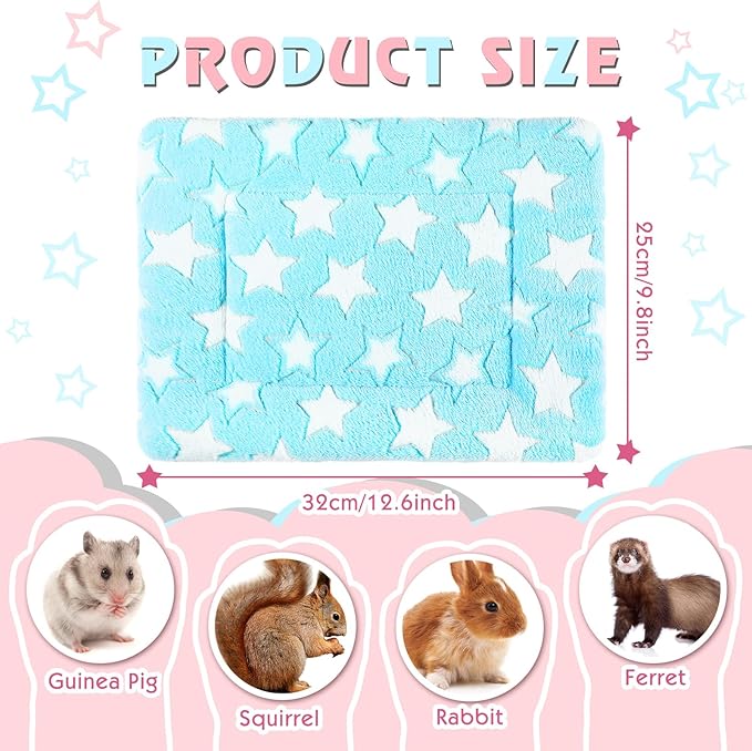 4 Pcs Waterproof Guinea Pig Bedding Winter Guinea Pig Plush Cage Liners Soft Dog Cat Bed Mat Reversible Cozy Animal Pee Pad Hamster Bed Mat Washable for Bunny (Cute Star,13 x 10 Inch)