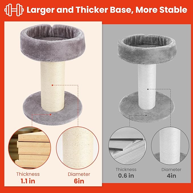 Cat Scratching Post Bed，Tall Cat Scratcher for Indoor Cats with Super Thick Nature Sisal Scratching Post [Dia=6'']， Removable Fluffy Cat Bed for Kitten & Adult Cats (Gery, L)