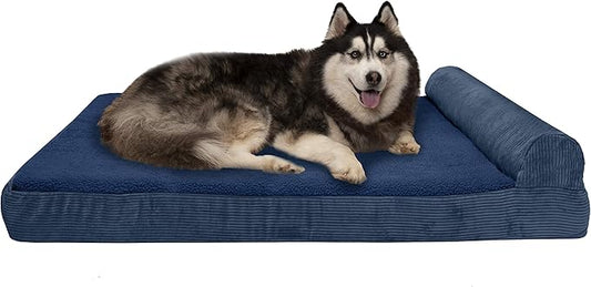 Furhaven Cooling Gel Dog Bed for Large Dogs w/ Removable Bolster & Washable Cover, For Dogs Up to 125 lbs - Fleece & Corduroy Bolster Chaise - Navy Blue, Jumbo Plus/XXL