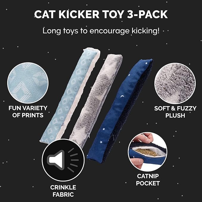 Furhaven 3-Pack Catnip Plush Cat Kicker Toy - Catnip Bags Included - Durable & Washable - Space Print, Set of 3