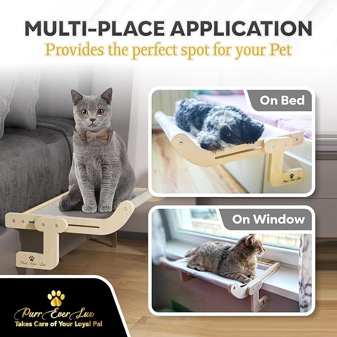 Cat Hammock for Window, Bedside, Adjustable Wooden Cat Perch with Canvas & Wool Mats, Double-Reinforced Side, Easy Assembly & Installation, Up To 40lbs Capacity, Includes Ball Toy for Pets