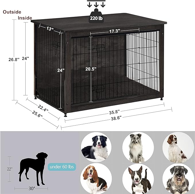 DWANTON Dog Crate Furniture with Cushion, Large Wooden Dog Crate with Double Doors, Dog Furniture, Indoor Dog Kennel, End Table, Large, 38.5" L, Dark Grey