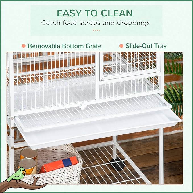 NicBex 55" Large Bird Cage with Play Top and Stand,Pet Flight Birdcage for Parrot Lovebirds Finches Parakeets Budgie Parrotlet Conures,Bird Cage with Tray, Food Cups, Rolling Stand,White