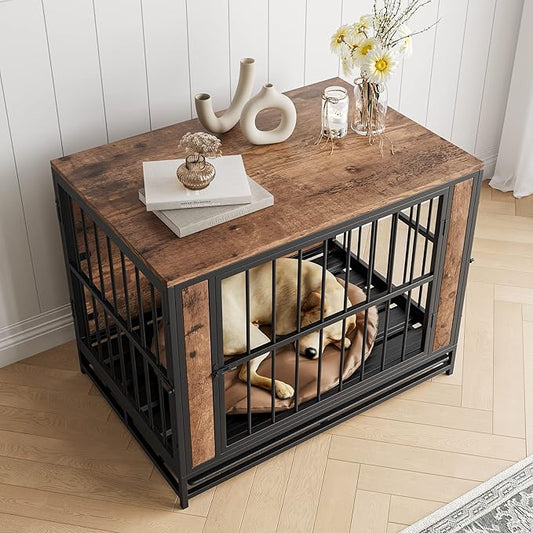 Dog Crate Furniture, Metal and Wooden Dog Crate, Dog Kennels with 3 Doors Indoor, Pet Puppy Crate End Table for Small/Medium/Large Dog, Heavy Duty Dog House, Rustic Black and Brown