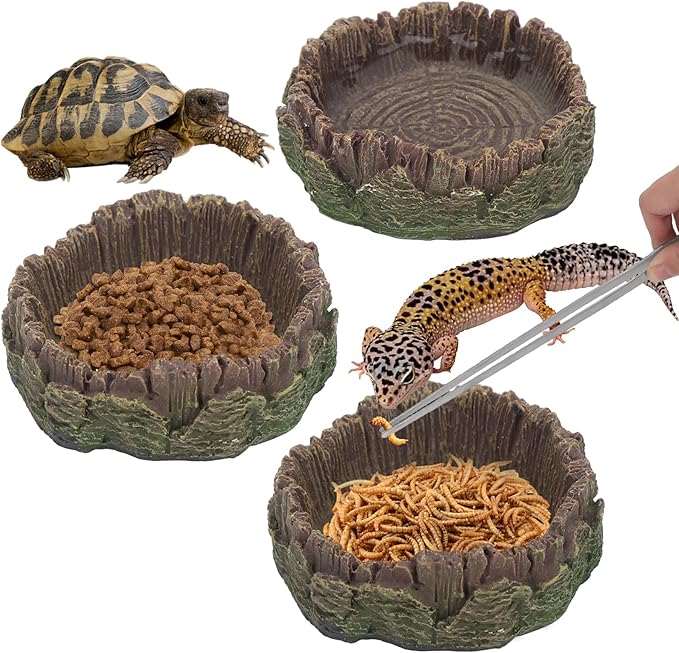 4 Pack Reptile Feeding Dish Reptile Food Water Bowl with Reptile Feeding Tongs Reptile Plate Dish for Feeding Tortoise Dragon Leopard Gecko Lizard, Brown