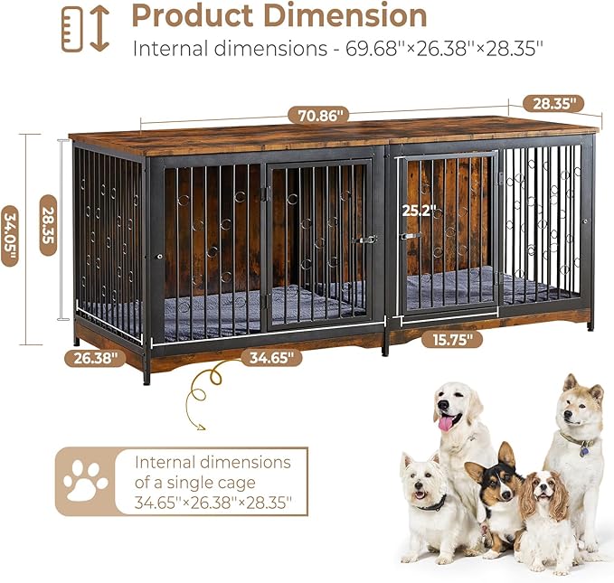 71'' Dog Crate Furniture for 2 Dogs, Wooden Double Dog Crate Large Breed with Cushion, XXL Indoor Dog Kennel TV Stand End Table with Divider for Large Medium Dogs, Brown