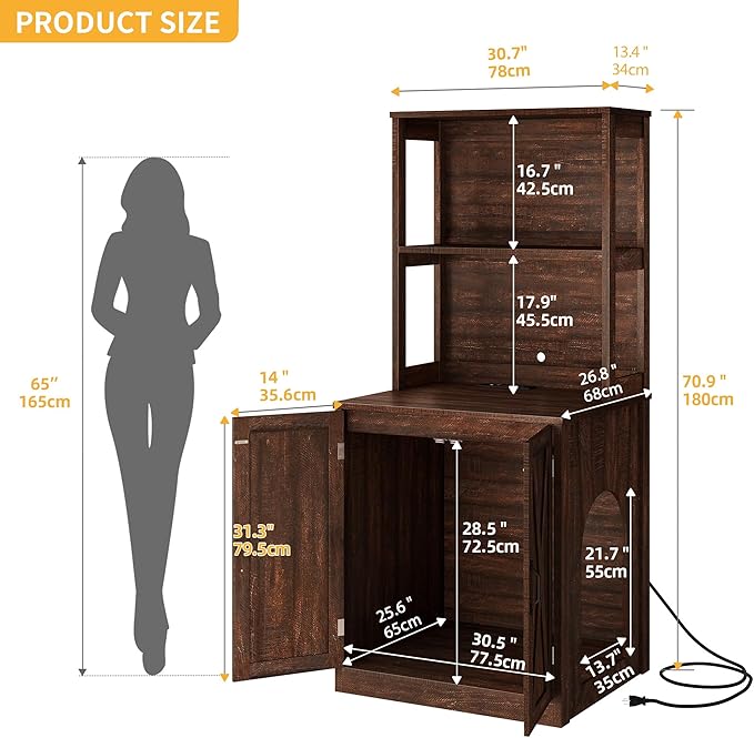DWVO Large Hidden Litter Box Furniture with Shelves and Charging Station, Wooden Cat Litter Box Enclosure for Self-Cleaning Litter Boxes, Brown Oak
