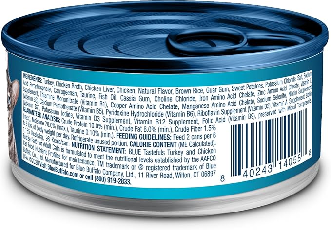 Blue Buffalo Tastefuls Wet Cat Food Paté, Made with Natural Ingredients | Turkey and Chicken Entrée, 3-oz. Cans (24 Count)