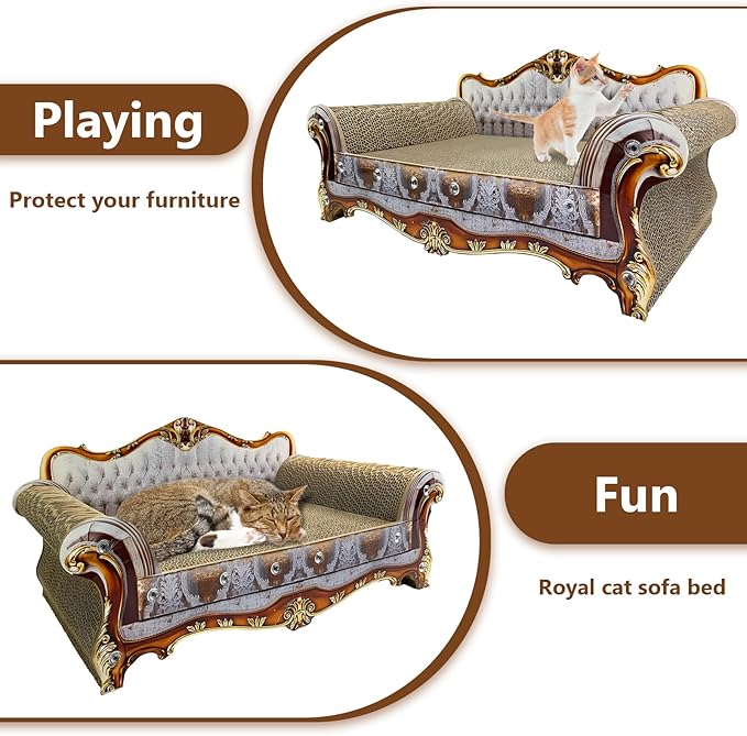 Luxury Cardboard Cat Scratcher Sofa Couch Bed, Couch Shaped Cat Scratching Board, Cat Scratch Lounge with Catnip, Cat Scratcher for Indoor Cats Grey