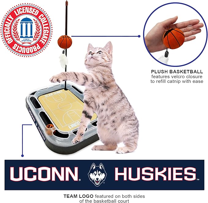 Cat Scratch Toy NCAA Connecticut UConn Huskies Reversible Basketball Court Felt/Cardboard Cat Scratcher. Interactive Cat Ball Bell Tracks. 6-in-1 CAT Toy Cat Wand Poll, Catnip-Filled Plush Basketball