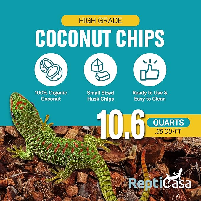 Organic Coconut Chips Substrate Clean & Ready to Use for Reptiles, Snake, Tortoise, and Amphibian, Natural Fiber Free Husks, Clean Breeding and Bedding Flooring, Odor Absorbing – 10.6 Quarts
