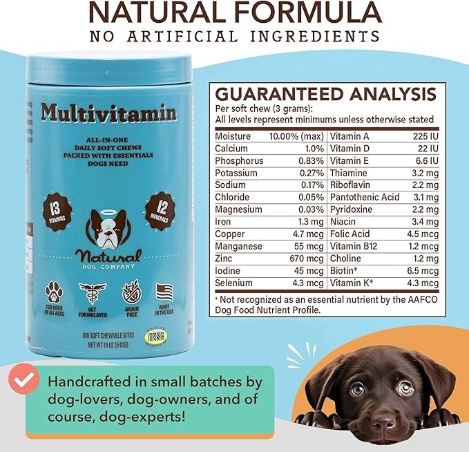 Natural Dog Multivitamin Chews (180 Pcs) Dog Vitamins & Supplements, Peanut Butter & Bacon Flavor, Dogs, Supports Immune System, Antioxidant