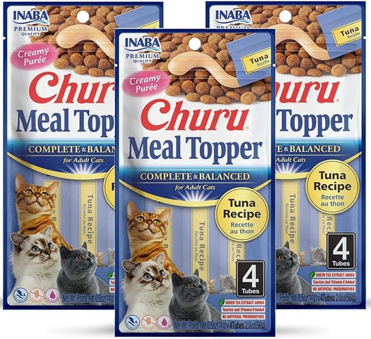 INABA Churu Meal Topper for Cats, Complete & Balanced, Creamy, Lickable Purée Cat Food Topper, 0.5 Ounce Tube, 12 Tubes (4 per Pack), Tuna Recipe