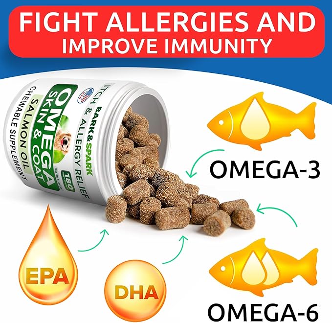 BARK&SPARK Omega 3 for Dogs - 360 Fish Oil Treats for Dog Shedding, Skin Allergy, Itch Relief, Hot Spots Treatment - Joint Health - Skin and Coat Supplement - EPA & DHA Fatty Acids - Salmon Oil -Bacon