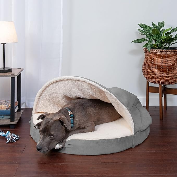 Furhaven 35" Round Cooling Gel Dog Bed for Large/Medium Dogs w/ Removable Washable Cover, For Dogs Up to 50 lbs - Sherpa & Suede Snuggery - Gray, 35-inch
