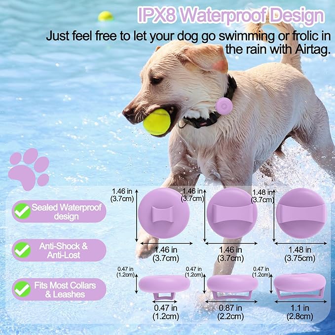 IPX8 Waterproof AirTag Dog Collar Holder, Hidden Air Tag Case for Cat Collar, Anti-Lost Silicone Cover for AirTag GPS Tracker Compatible with Pets Loop, Fits All Width Collars(Purple L)