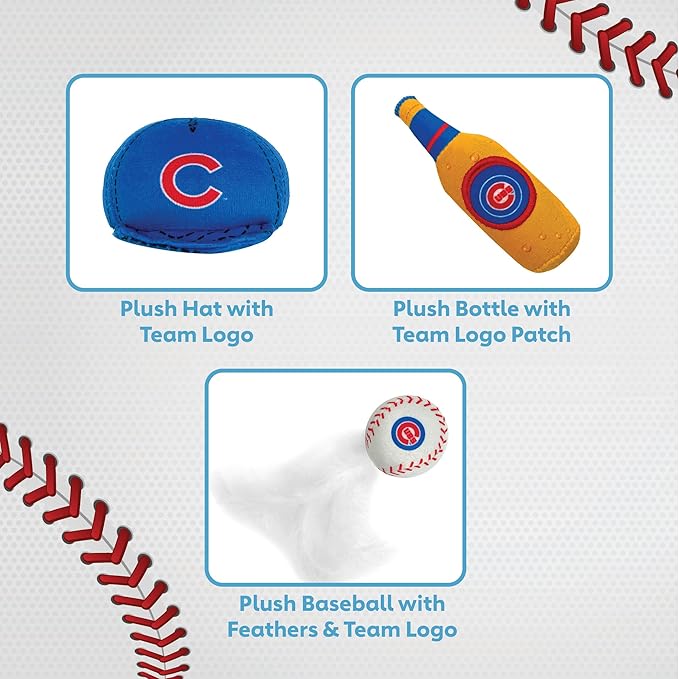 BEST PLUSH CAT TOY: MLB CHICAGO CUBS Complete Set of 3 piece Cat Toys filled with Fresh Catnip. Includes: 1 Baseball Cap Cat Toy, 1 Baseball Cat Toy with Feathers & 1 Beer Bottle. Beautiful Team LOGOS