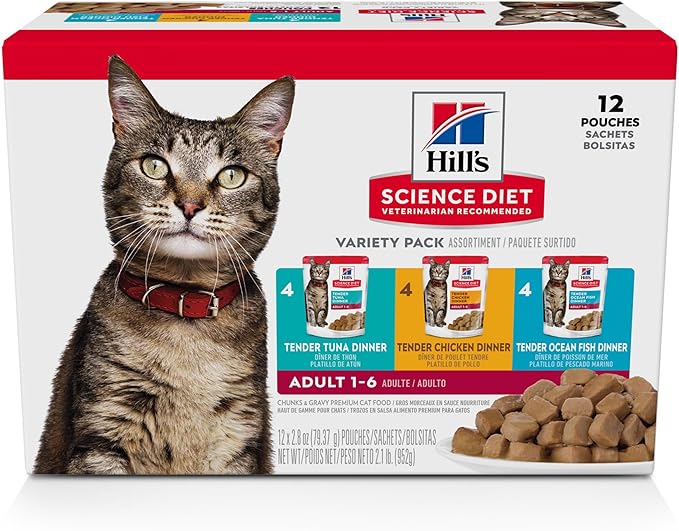 Hill's Science Diet Adult 1-6, Adult 1-6 Premium Nutrition, Wet Cat Food, Variety Case: Tuna; Chicken; Ocean Fish Stew, 5.5 oz Pouch Variety Case, Case of 12