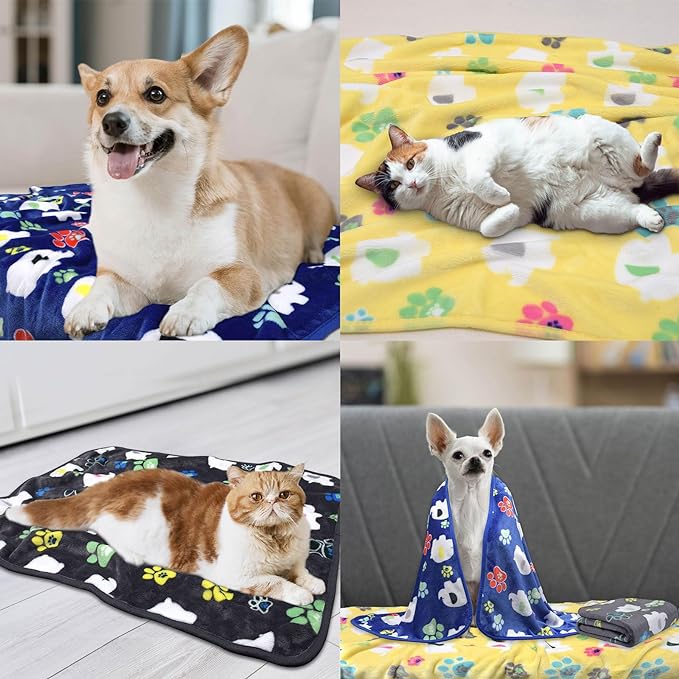 1 Pack 3 Premium Soft Dog Throw Blanket, with Flannel Yellow Cute Elephant Pattern and paw Prints,41x31 inches, Cat Blanket Puppy Pads Supplies Dog Products Stuff Essentials.