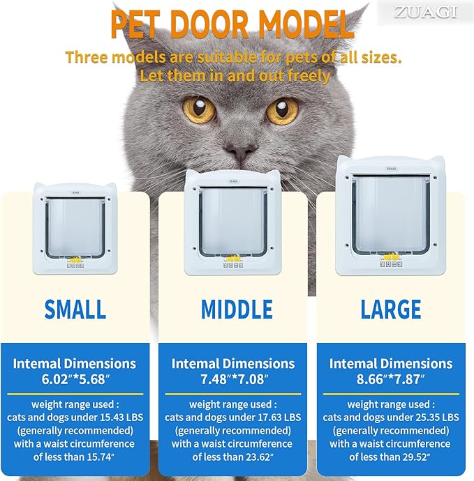 Magnetic Interior & Exterior Cat Door with 4 Way Locking，Cat Door Latch（Outer Size：11.5‘’x10.2‘’ Inter Size：7.5‘’x7.1‘’） Weatherproof Cat Door ，Cat Door for Window,Cat Door Interior Door