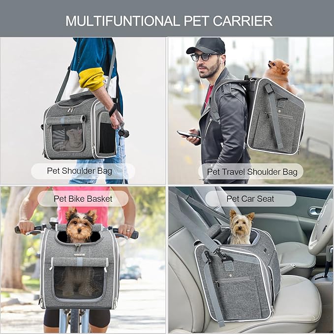 Dog Bike Basket, Expandable Soft-Sided Pet Carrier Backpack with 4 Open Doors, 4 Mesh Windows for Small Dog Cat Puppies - Grey