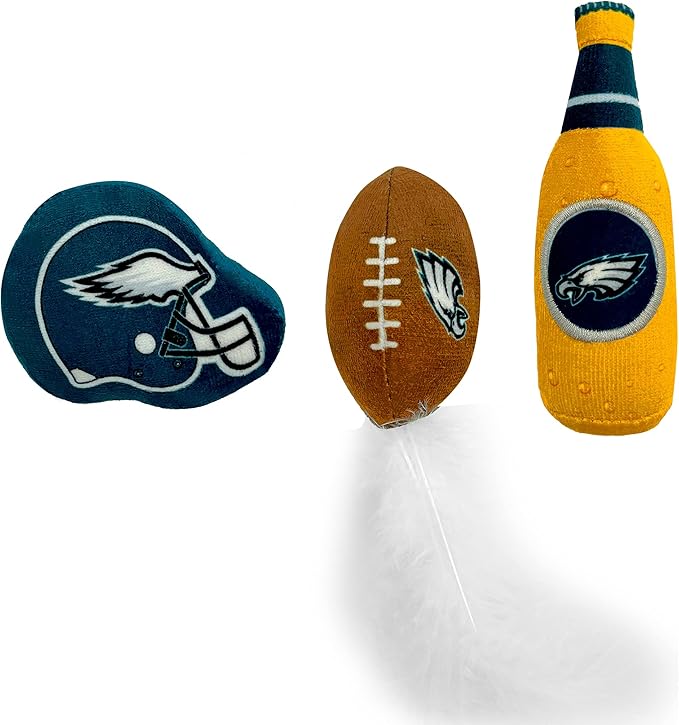 BEST PLUSH CAT TOY NFL PHILADELPHIA EAGLES Complete Set of 3 piece Cat Toys filled with Fresh Catnip. Includes: 1 Helmet Cat Toy, 1 Football Cat Toy with Feathers & 1 Beer Bottle. Beautiful Team LOGOS