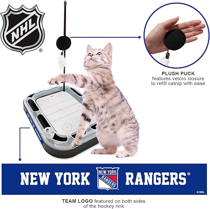 Pets FIrst Cat Scratching Toy NHL New York Rangers Hockey Field Cat Scratcher Tiy with Interactive Cat Ball Bell in Tracks. 5-in-1 CAT Toy