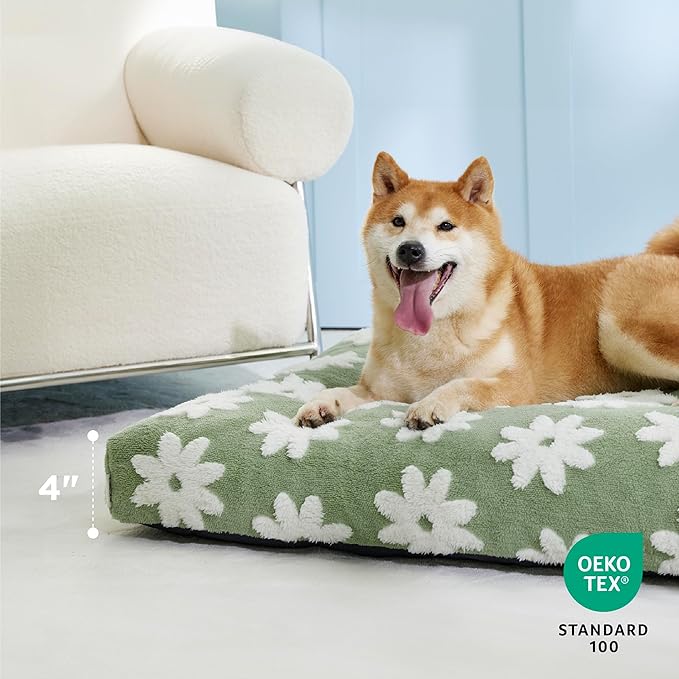 Lesure Dog Beds Large Sized Dog-Thick Shredded Chopped Foam Pet Bed, Dog Bed Indoor with Removable Cover, Cute Modern Fuzzy Plush & Anti Slip Bottom(35'x22', Green)