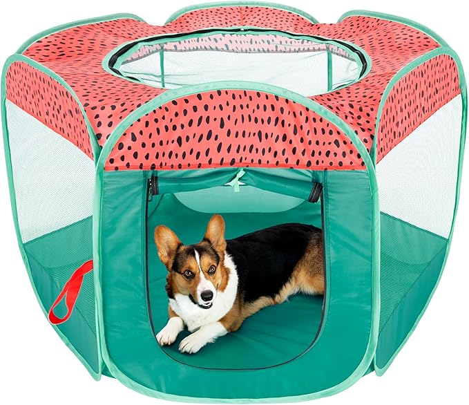 Furhaven Pop Up Playpen Pet Tent Playground - Green & Pink, Large