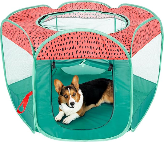 Furhaven Pop Up Playpen Pet Tent Playground - Green & Pink, Large