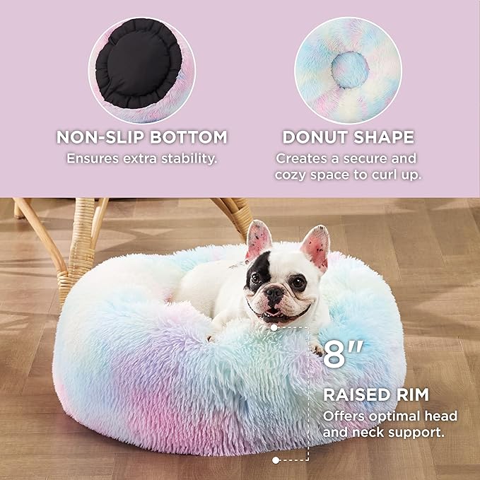 Bedsure Calming Dog Bed for Small Dogs - Donut Washable Small Pet Bed, Round Anti-Slip Fluffy Plush Faux Fur Large Cat Bed, Fits up to 25 lbs Pets, Multi-Colored, 23 inches