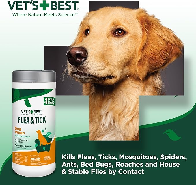 Vet's Best Flea and Tick Wipes for Dogs and Cats - Flea Treatment for Cats and Dogs - Plant-Based Formula - Certified Natural Oils - 50 Count