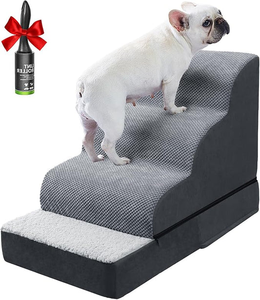 Ryoizen Dog Stairs with dog beds for Small Dogs, Pet Stairs with Waterproof Washable Orthopedic Dog Bed for Crate, 4 Step 2 in 1 Detachable Non-Slip Dog Ramp for Bed Couch up to 20'' Suits Puppy Cat