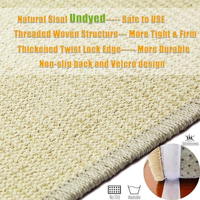 Cat Scratcher Mat, 23.6x15.7” Natural Sisal Scratching Mat with Velcro Tape,Stick on Floor and Wall Cat Scratch Pad Rug, Horizontal Cat Scratch Mat Protect Carpet and Sofa (Natural Color)